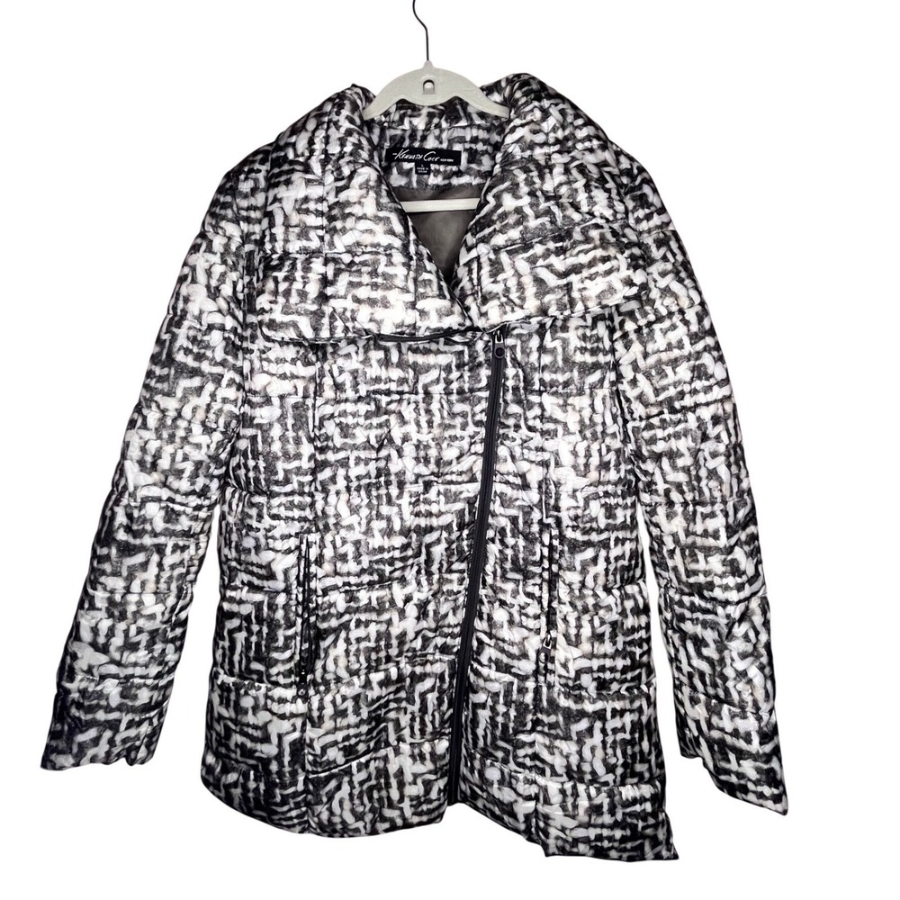 Kenneth Cole New York Women's Coat Black White Abstract Print Puffer Zip Size L - Picture 1 of 16